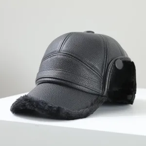 Gorra de béisbol de cuero cálida de invierno con orejeras, gorro antiviento grueso para hombre.