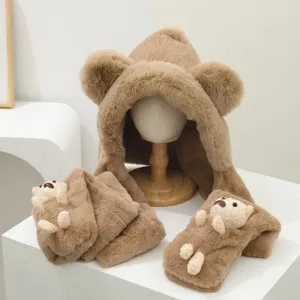 Conjunto bufanda capucha guantes felpa orejas de oso tierno invierno cálido polar.