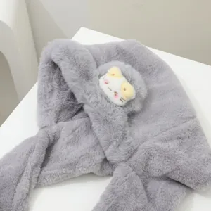Grauer Plüsch einteiliger Mütze Schal mit süßem Katzen-Patch, dicker warmer Winter Schal.