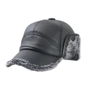 Gorra de béisbol de invierno cálida para hombre con orejeras de cuero antiviento.