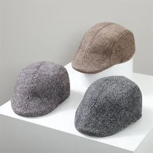 Classic herringbone tweed flat cap for autumn and winter, warm retro ivy newsboy hat.