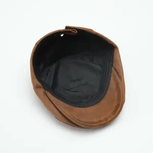 Brown retro ivy cap detail view, classic newsboy beret with soft suede material and lining.