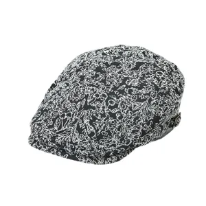 Classic black and white floral jacquard flat cap, retro ivy style, comfortable unisex everyday wear.