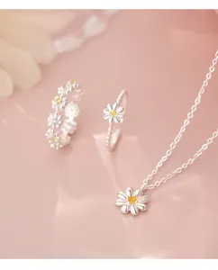 S999 silver daisy flower jewelry set with rings and necklace featuring yellow zircon stones for women