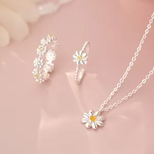 Daisy Petal S999 Sterling Silver Jewelry Set For Women Fresh Korean Style Yellow Rhinestone Necklace And Rings