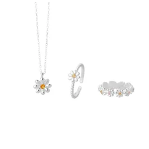 S999 sterling silver little daisy three-piece jewelry set necklace and rings for women