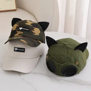 Gorra de Béisbol con Orejas de Gato y Gafas de Piloto para Hombre Mujer Sombrero Ajustable de Algodón Parasol Deporte Casual