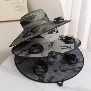 Outdoor Solar Fan Bucket Hat UV Protection Wide Brim Sun Hat Camouflage Printed Fishing Hiking Cooling Hat For Men Women
