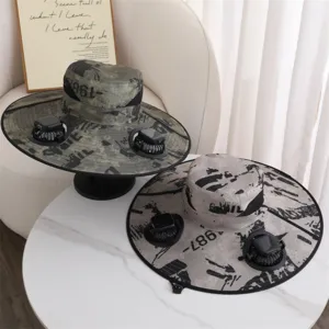 Detail shot of outdoor sun protection camo bucket hat featuring dual solar-powered fans.
