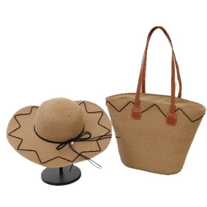 Sommer Strohsonnenhut und Shopper Tasche Set, große Krempe Strand Urlaub gewebte Tasche schwarz.