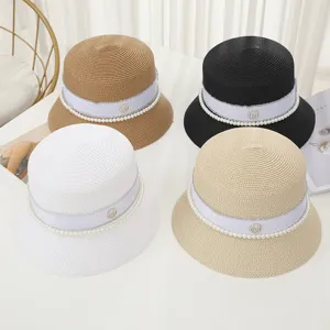 Women summer elegant straw bucket hat with pearl decor and M rhinestone detail casual hat