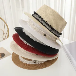 Chapeau de paille d'été pour femmes plat haut plage protection solaire avec dentelle et logo M