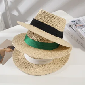 Summer straw fedora sun hat with colorful ribbon band wide brim beach casual headwear