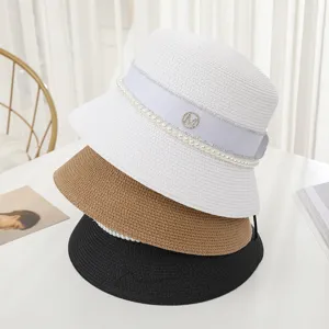 Women summer elegant pearl bucket hat vintage straw hat with rhinestone M logo chic sun hat