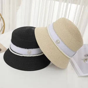 Elegant Pearl Rhinestone Straw Bucket Hat For Women Vintage M Letter Sunshade Beach Hat Summer Foldable Cloche Sun Hat