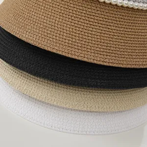 Women summer straw sun hat elegant pearl rhinestone beach bucket hat breathable bell cap.