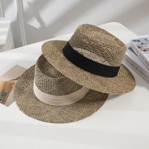 Women Summer Wide Brim Straw Boater Hat Handwoven Flat Top Sun Hat Fashion Casual Beach Travel Panama Hat With Ribbon