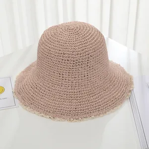 Women Woven Straw Hat Summer Beach Sun Bucket Cap with Cute White Lace Trim Design