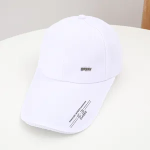 White baseball cap with long brim, metal letter decor and printed stylish logo details.