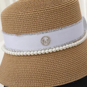 Women Summer Straw Hat Elegant Pearl Rhinestone M Bucket Hat Sun Protection Beach Cap