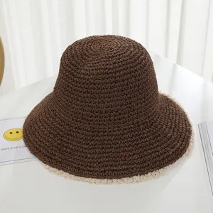 Brown crochet straw hat for women, summer beach sun protection lace bucket hat stylish design