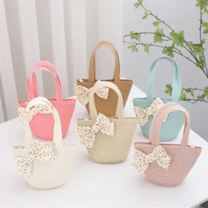 Bolso de mano de paja para niños lindo bolso tote con lazo verano playa moda infantil