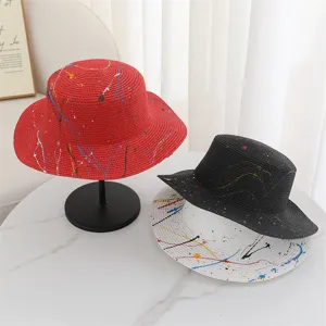 Summer flat top straw hat with colorful graffiti splash paint design beach sun hat for travel