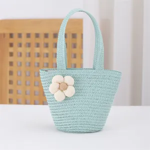 Mint green straw shoulder bag with cute fabric flower, ideal for beach summer holiday and daily wear.