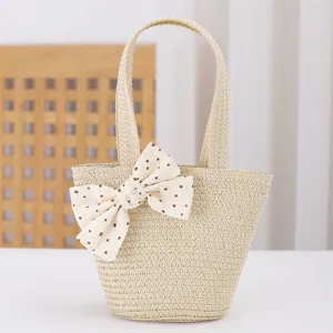 Bolso tote de paja de verano para niños con bonito lazo de lunares, bolso ligero.