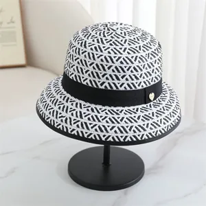 Chapeau bob tissé classique noir et blanc pour femmes, chapeau de soleil élégant.