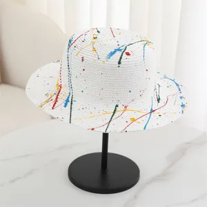 Colorful paint splatter flat top straw hat summer beach sun protection hat for travel