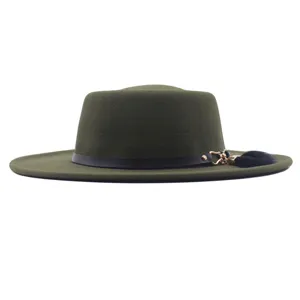 Grüner Wollhut mit breiter Krempe Damen Winter Mode Filzhut Jazzhut mit Gurt und Pompom
