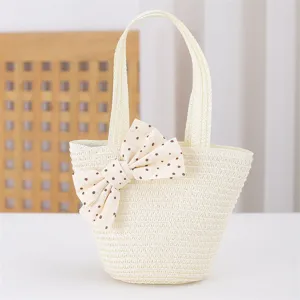 Bolso tote de paja de verano para niños con bonito lazo de lunares, bolso tejido ligero