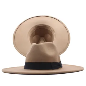 Wollfilz Fedora Hut mit 10cm breiter Krempe und schwarzem Band, elegante Jazzhut Details.