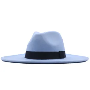 Nahaufnahme Detailansicht des hellblauen, breitekrempigen Fedora-Hutes mit schwarzem Band.