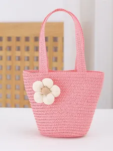 Woven Straw Bag For Women Girls Flower Decor Handwoven Beach Shoulder Bag Small Summer Vacation Handbag