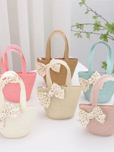 Bolso de Mano de Paja Tejida Estilo Coreano para Niños con Lazo de Lunares Bolso de Moda para Niñas Vacaciones en la Playa
