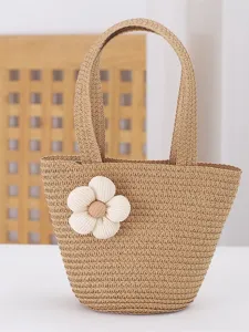 Woven straw handbag for women, casual summer beach tote bag with cute floral decor.