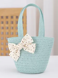 Bolso tote de paja verde menta para niños con bonito lazo de lunares bolso de verano.