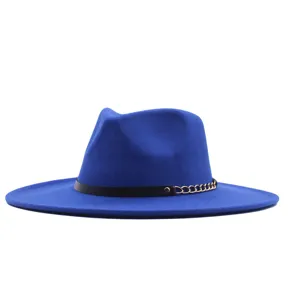 Blauer breiter Krempe Fedora Hut Wollfilz Jazz Kappe mit eleganter Metallkette Band.