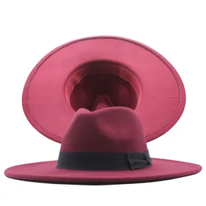 Dunkelroter breiter Wollfilzhut mit schwarzem Band fur Damen Herbst Winter elegante Mode