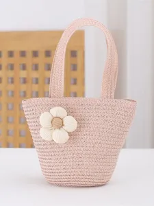 Pink straw woven handbag for women, cute floral beach tote bag with top handles, casual summer bag.