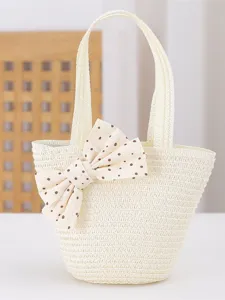 Bolso tote de paja para niños verano bonito lazo de lunares bolso de mano elegante