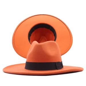 Oranger Wollhut aus Filz mit breiter Krempe und schwarzem Band eleganter Jazzhut Herbst Winter Detail