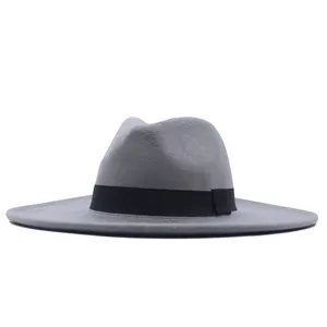 Grauer Woll-Fedora-Hut Detail, 10cm flache Krempe, schwarzes Band, Herbst Winter Accessoires