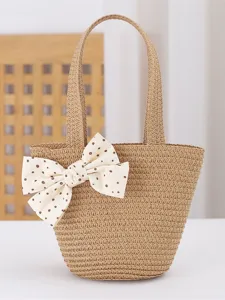 Bolso tote de paja para niños con lindo lazo de lunares, bolsa de verano casual para niñas.