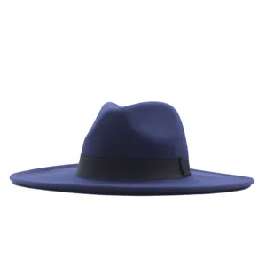 Breiter Wollfilz Fedora Hut für Herbst und Winter, retro britischer Stil blauer Modehut.