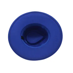 Detailansicht des blauen Filzhutes mit Blick auf die Innenseite und breite Krempe.