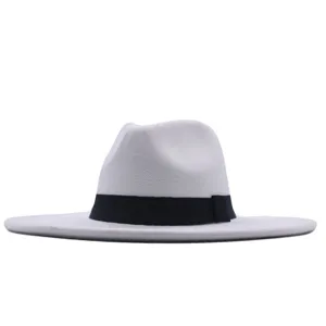 Klassischer weißer Wollfilz Fedora Hut mit schwarzem Band, Vintage flache Krempe Detailansicht