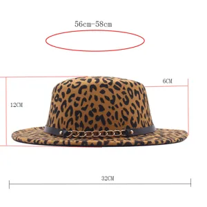 Luipaard print platte top wollen fedora hoed retro herfst winter mode hoed met ketting